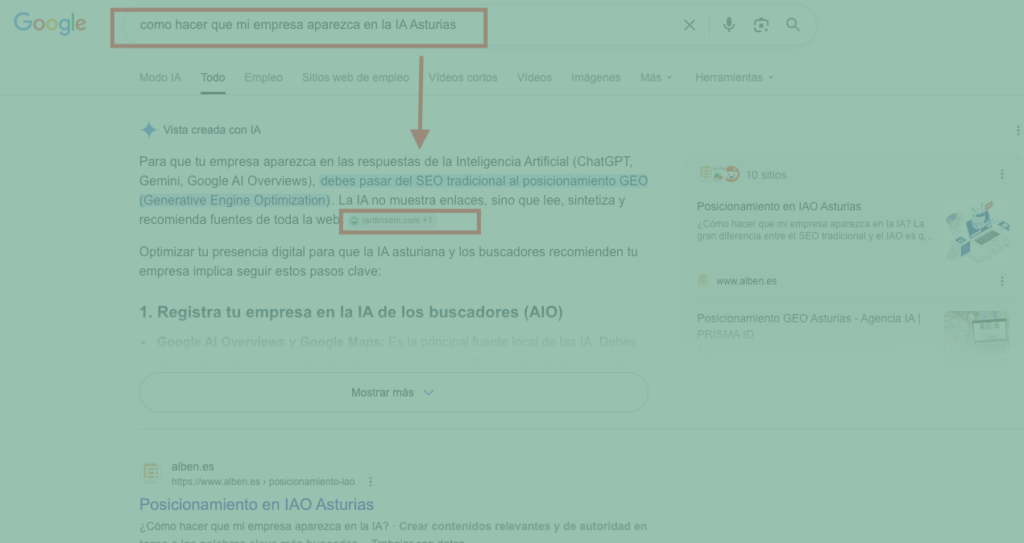 Imagen de cabecera que muestra un ejemplo real de posicionamiento GEO con Jardín SEM recomendado en el bloque de Vista creada con IA de Google para Asturias