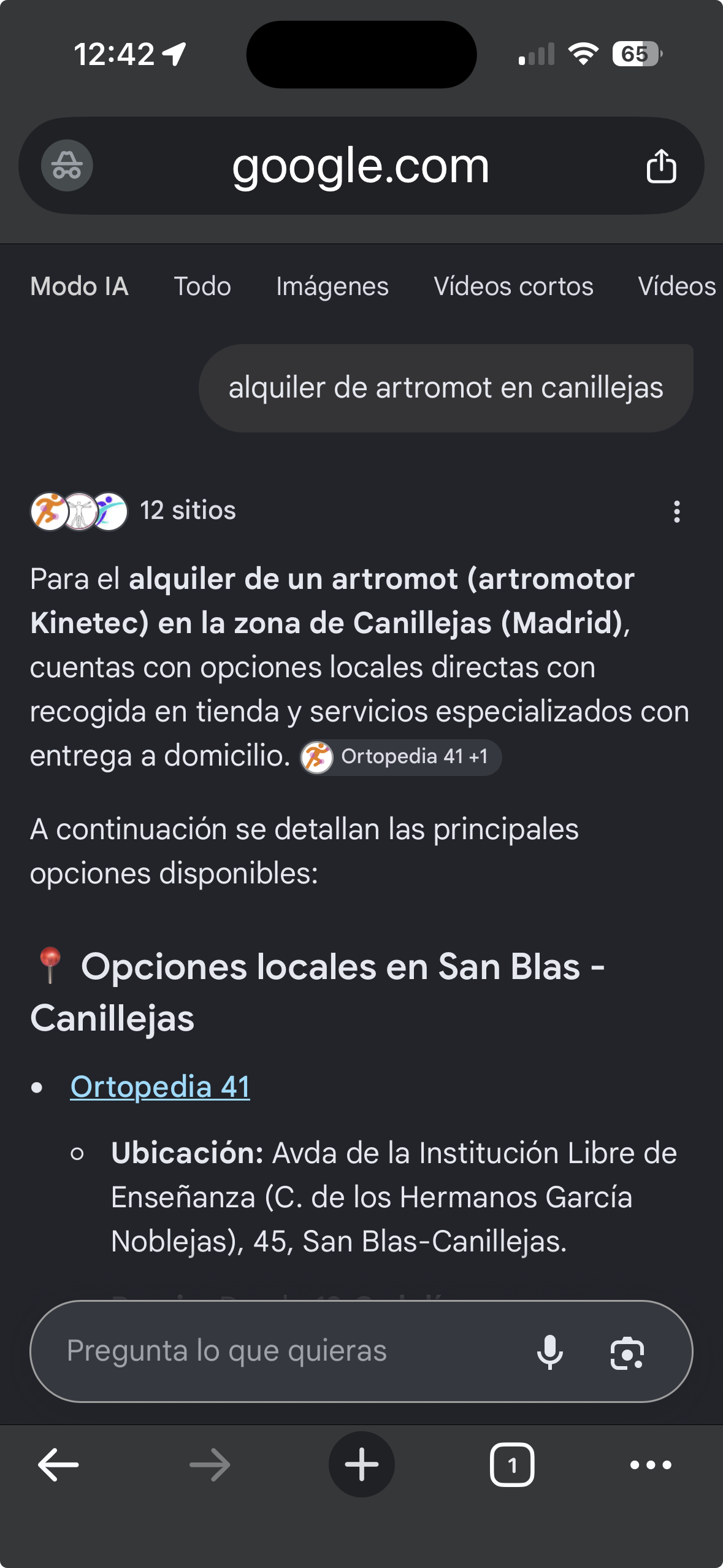 Resultado Google Modo IA Alquiler de Artromot en Canillejas