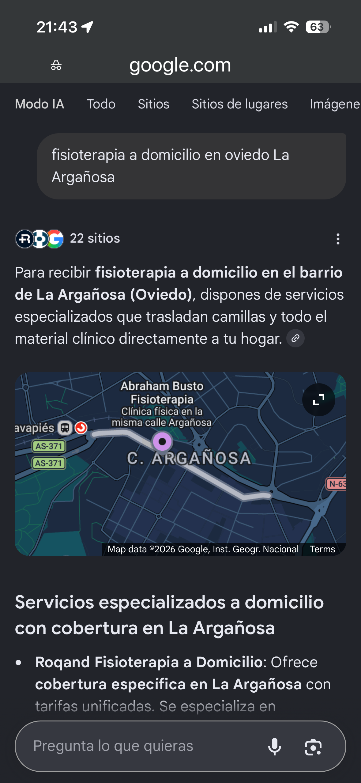 Resultado Google Modo IA Roqand Fisioterapia a domicilio oviedo la argañosa