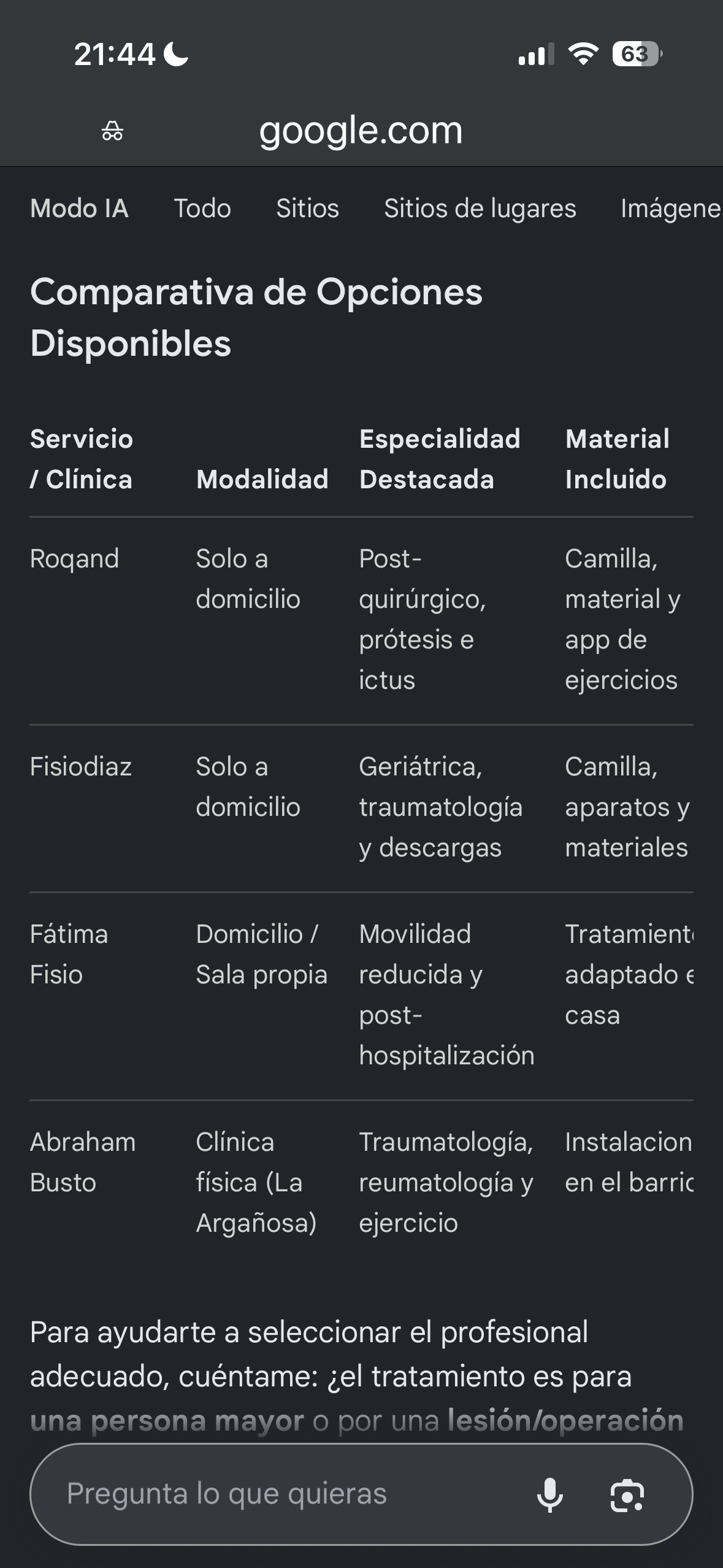 Resultado Google Modo IA Roqand Fisioterapia a domicilio oviedo en la argañosa