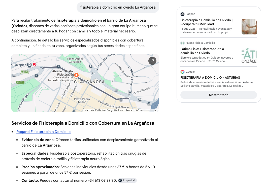 Resultado Google Modo IA Roqand Fisioterapia a domicilio Oviedo en La Argañosa 