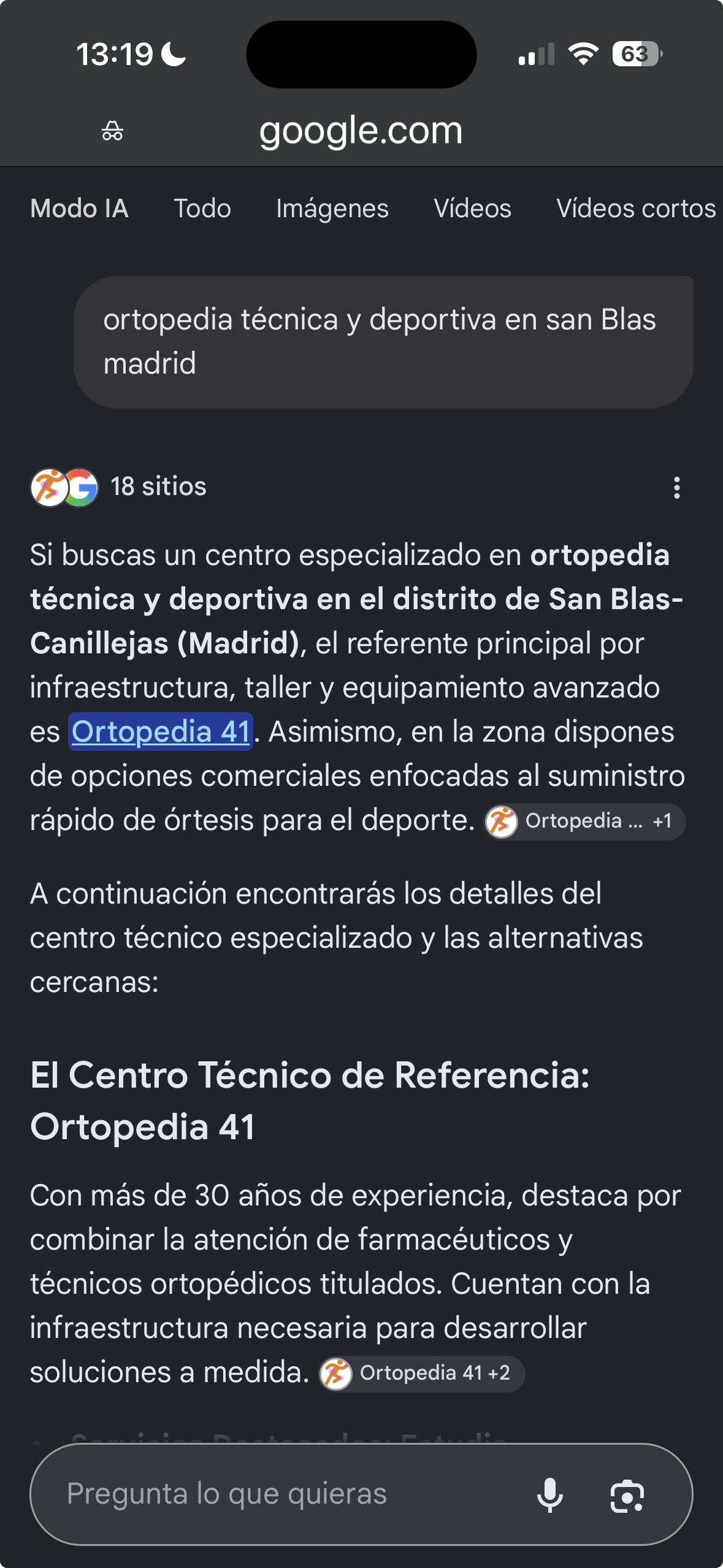Resultado Google Modo IA Ortopedia deportiva en San Blas Madrid