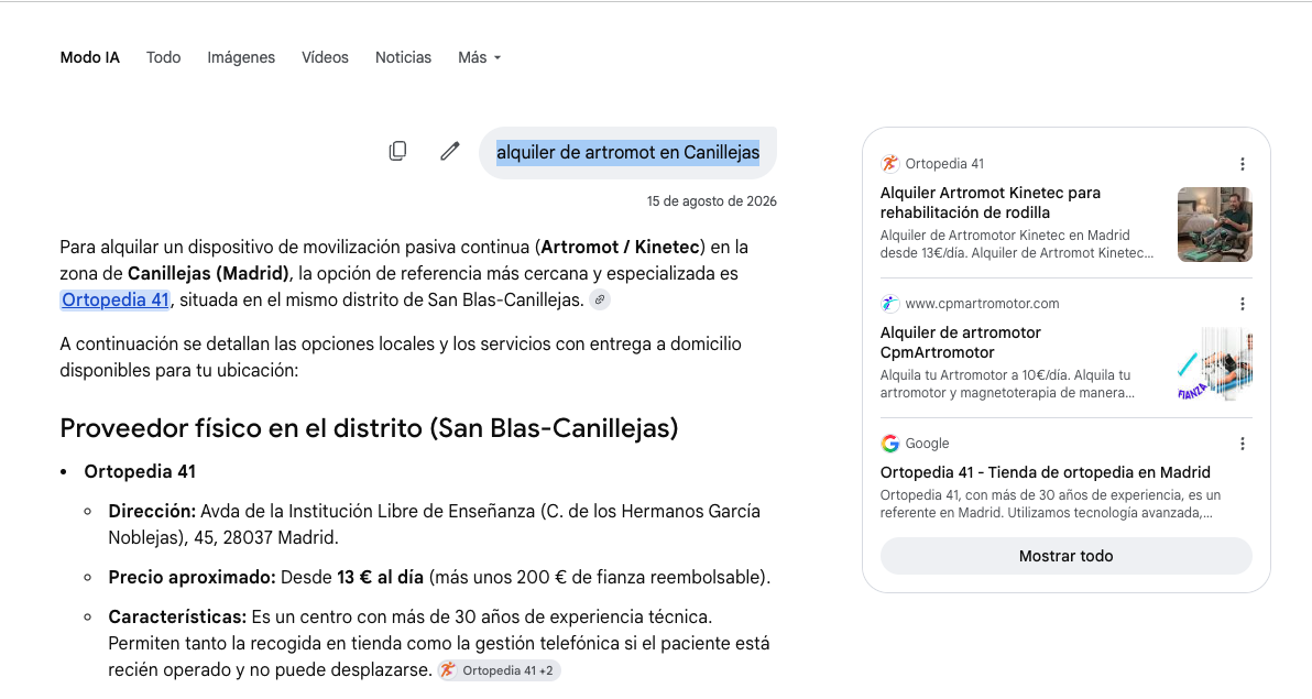 Resultado Google Modo IA alquiler de artromot en Canillejas